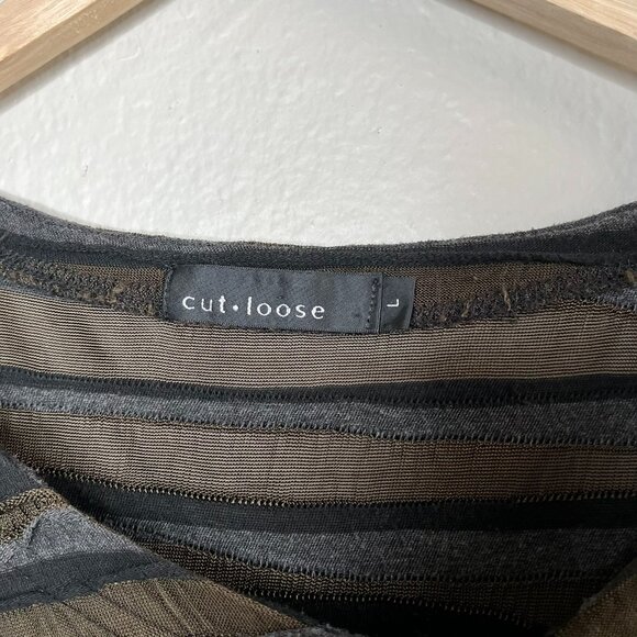 Cut Loose Womens Lagenlook Striped Asymmetrical Brown & Gray Tunic Top Large - Picture 3 of 11